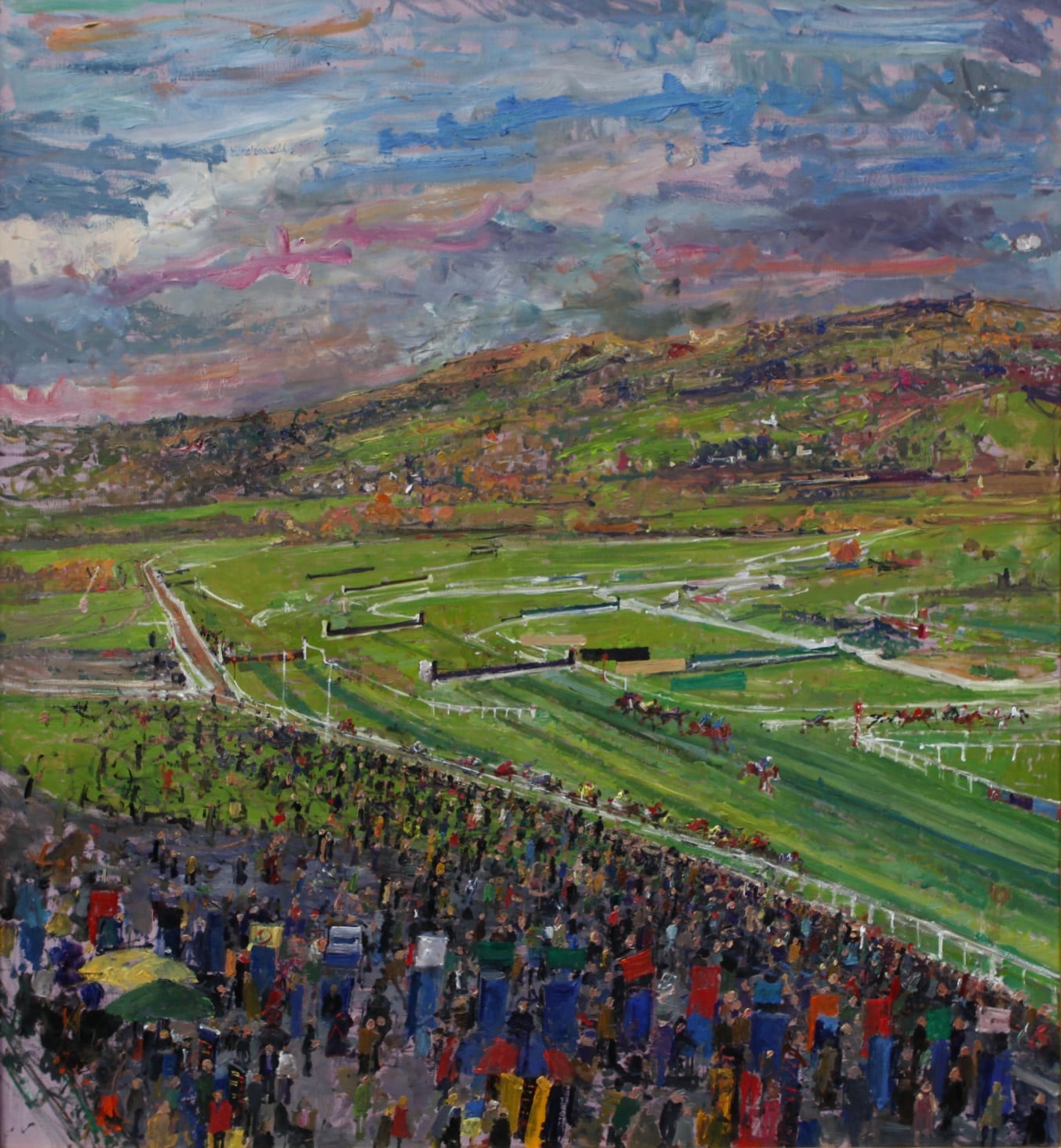 Cheltenham Racecourse painting in progress by Peter Spens