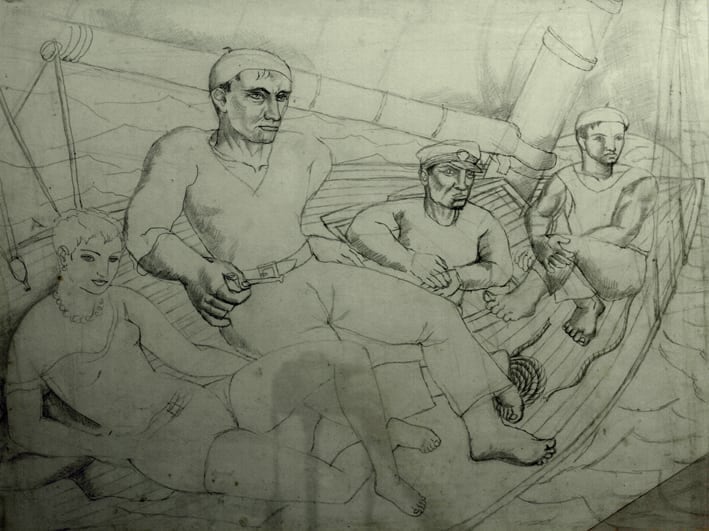 Bathers, Car and Aeroplane by Christopher Wood