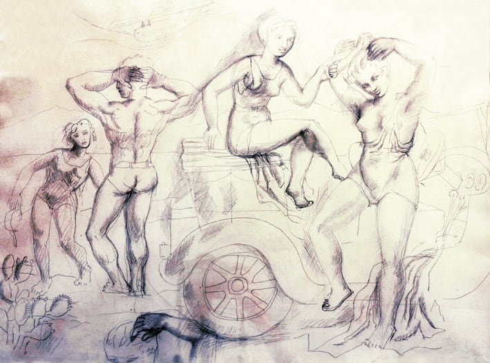 Three Sailors and a Girl, 1927. Pencil on Paper, 47x62cm by Christopher Wood