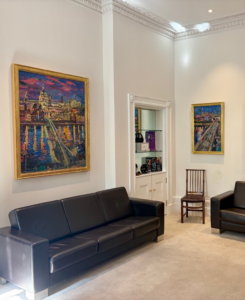 Peter Spens' night painting of St Paul's and the Thames hanging at 150 Harley Street