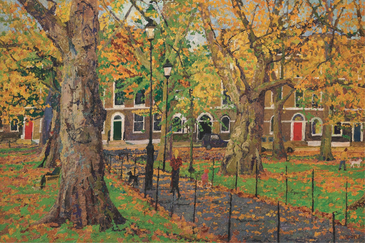 Autumn plane trees in a London square, oil painting by Peter Spens