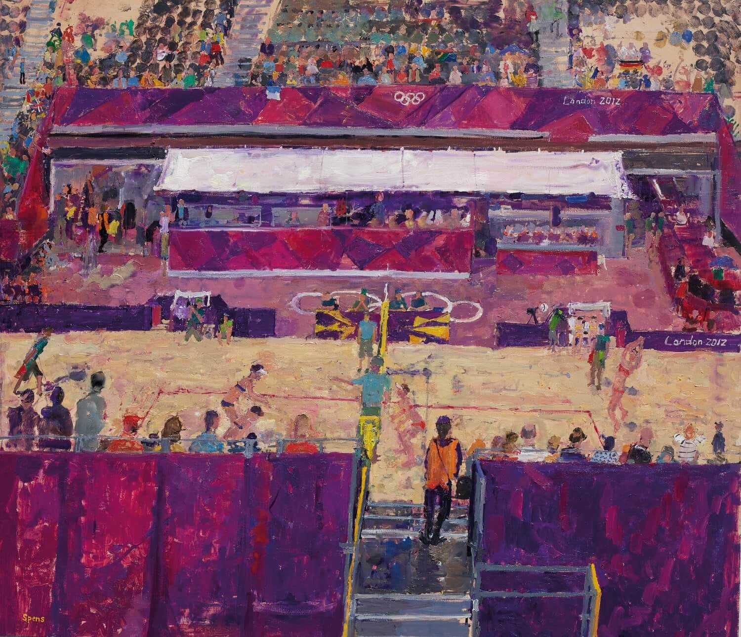 Beach Volleyball from Horse Guards, morning 2012. Oil 88 x 103cm