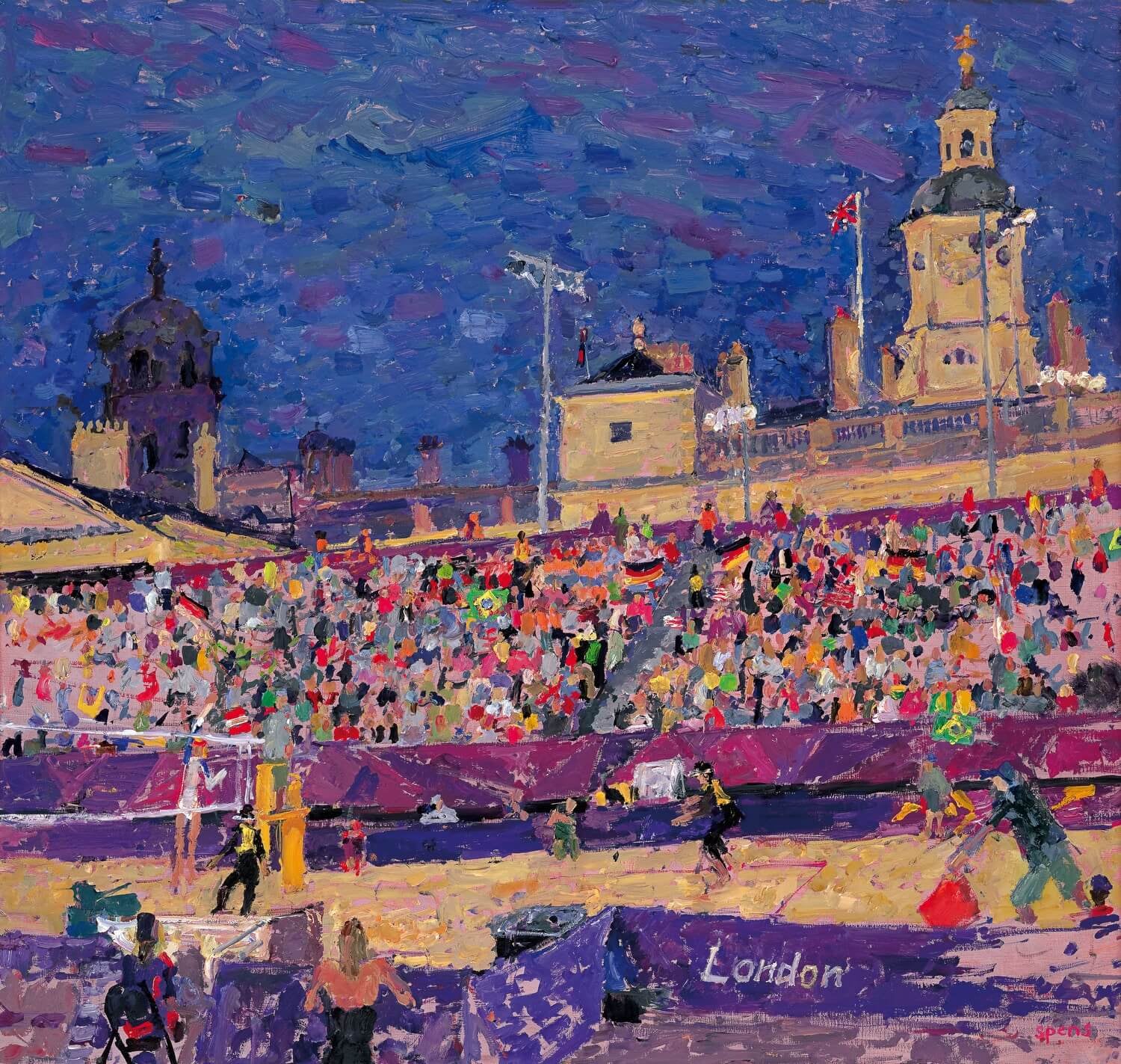 Night, Courtside at Beach Volleyball, 2012. Oil on board 60 x 63cm