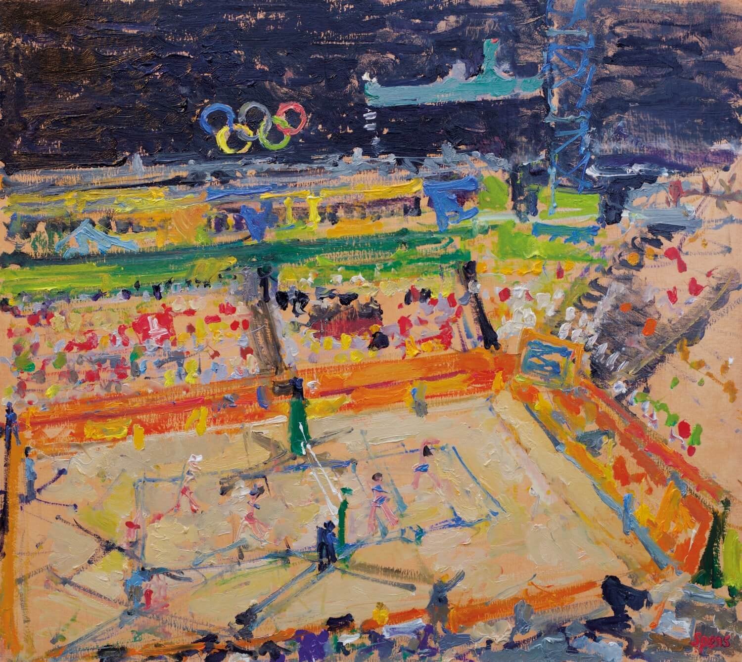 Night Games study from the Press Stand. FIVB collection. Oil on board 33 x 40cm