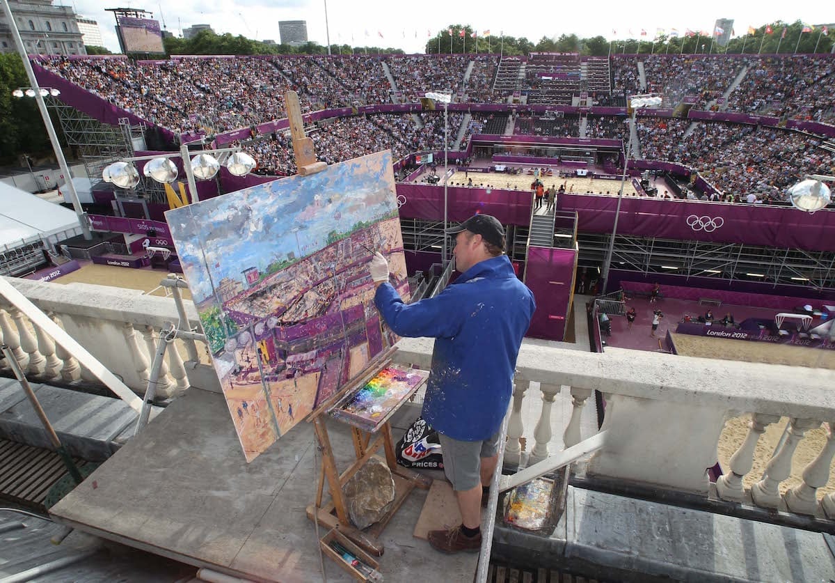 Peter Spens on the roof of Horse Guards overlooking the beach volleyball stadium at London 2012