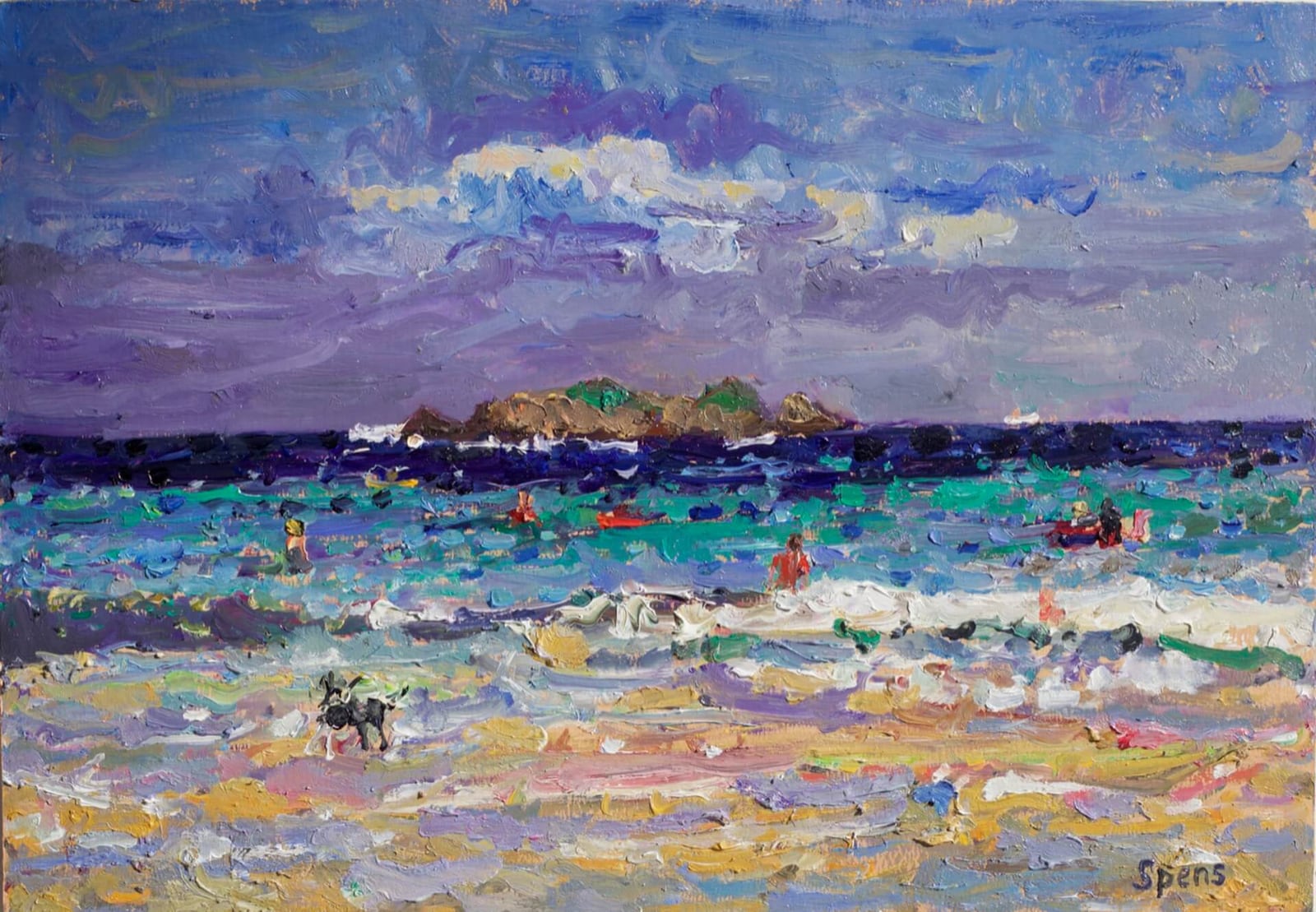 Dog and Surfers, Harlyn Bay. 2015. Oil on board 28 x 40 cm