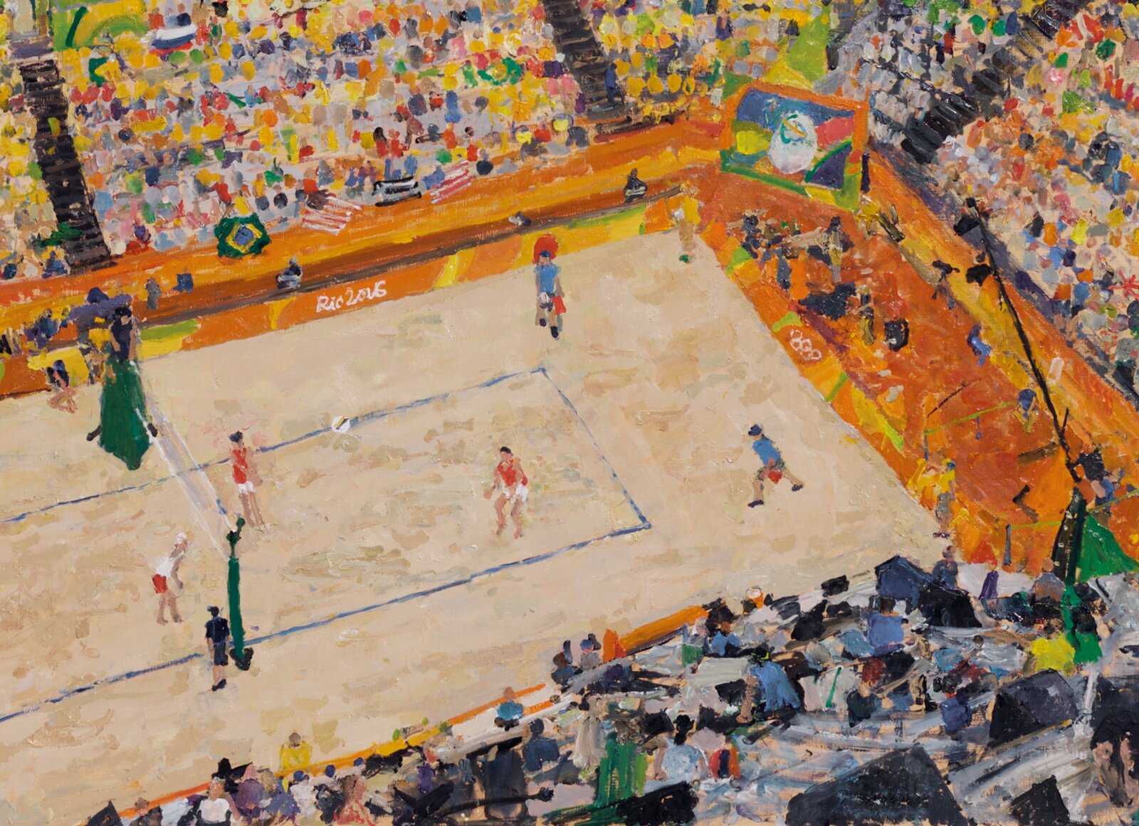 Detail of Beach Volleyball from the Press Stand, Copacabana 2016, showing the court and players