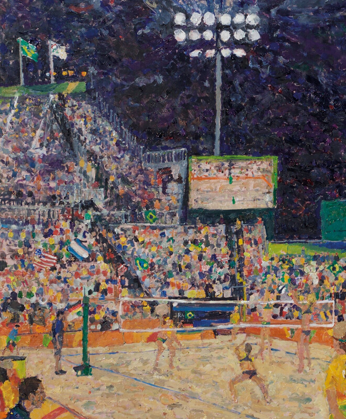 Detail of Night Games Beach Volleyball, Copacabana 2016, showing the crowd and floodlights
