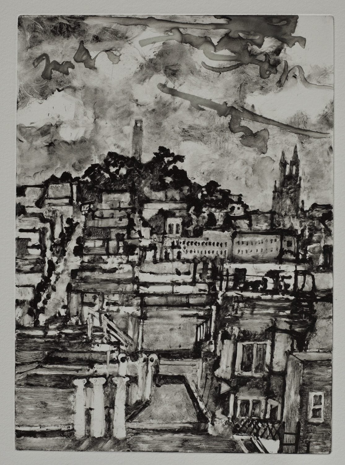 Coit Tower from Greenwich (1). 2024. Monotype on paper 60 x 43.5 cm