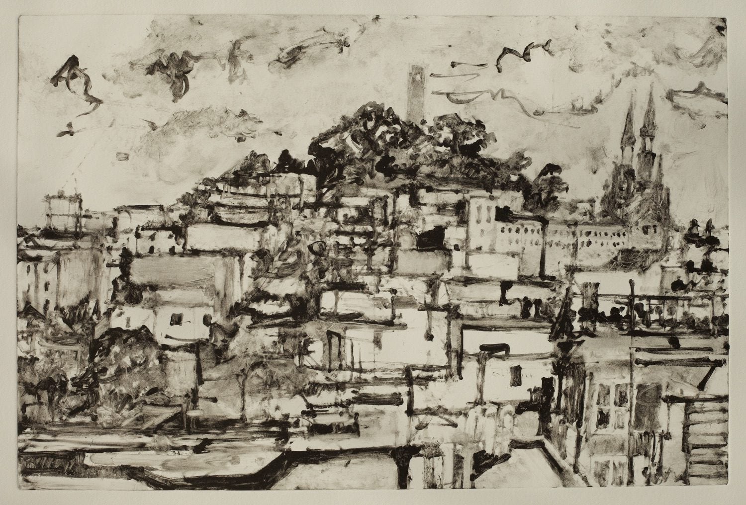 Coit Tower from Greenwich Street SF. 2024. Monotype on paper 40 x 60 cm