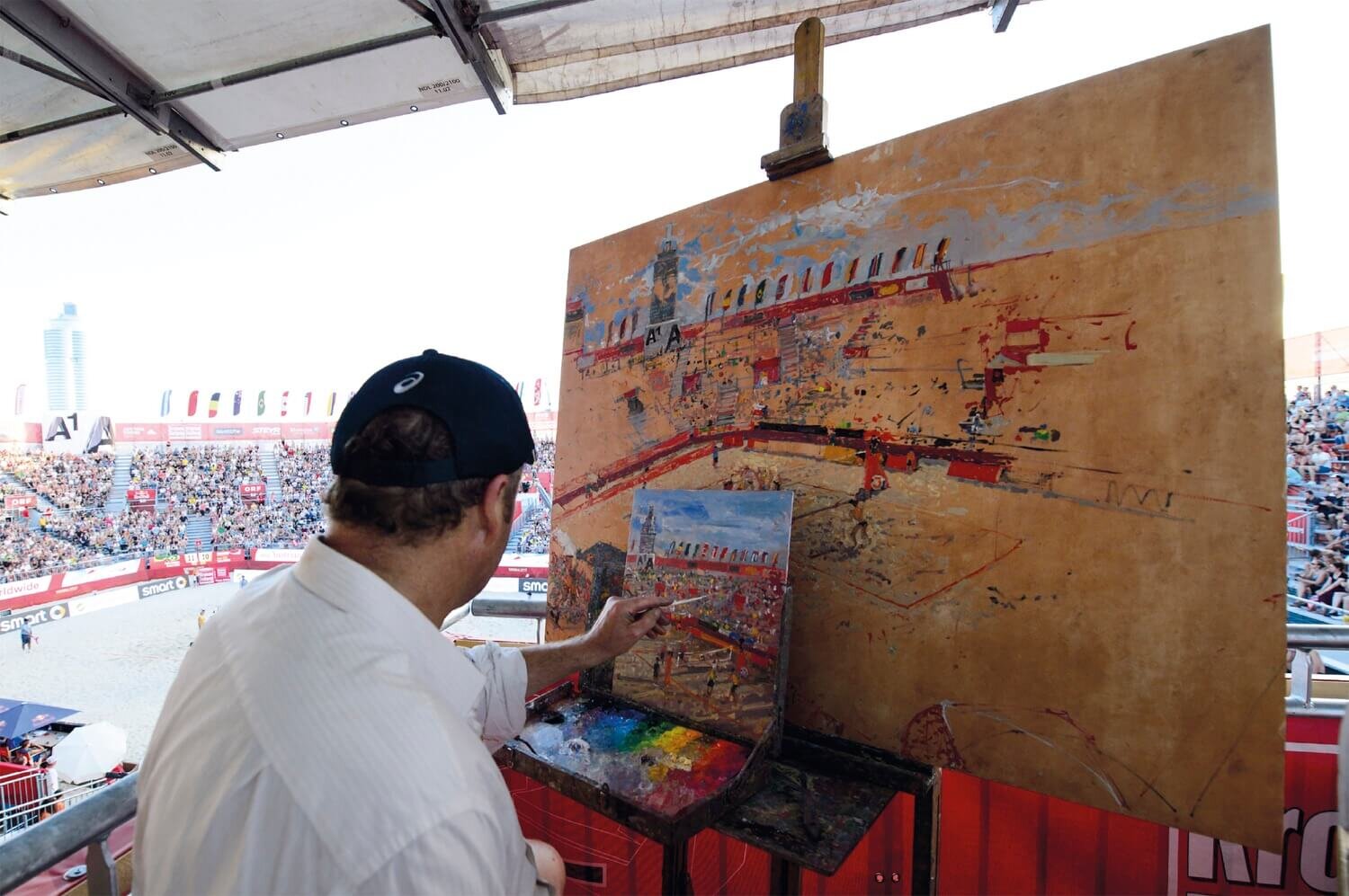 Peter Spens painting beach volleyball at the World Championships, Vienna 2017