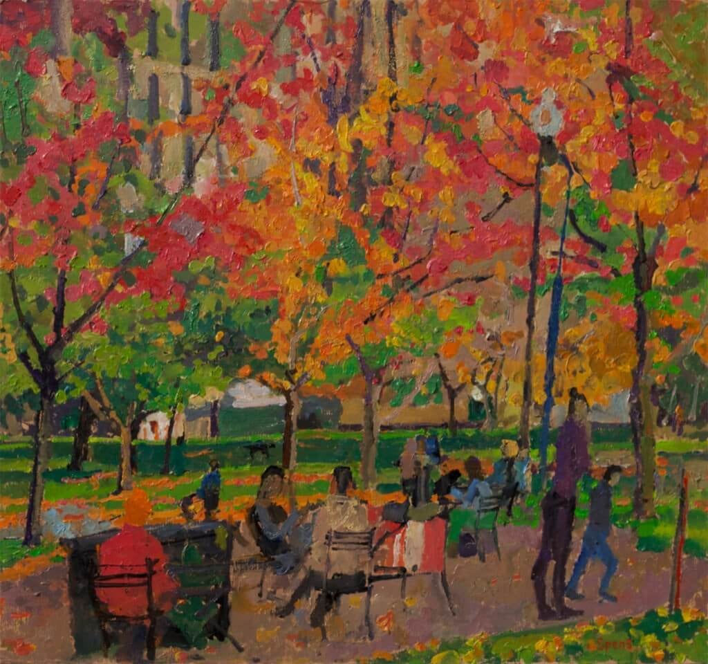 Boston Public Gardens in the fall. 2022. Oil on board 33 x 36 cm