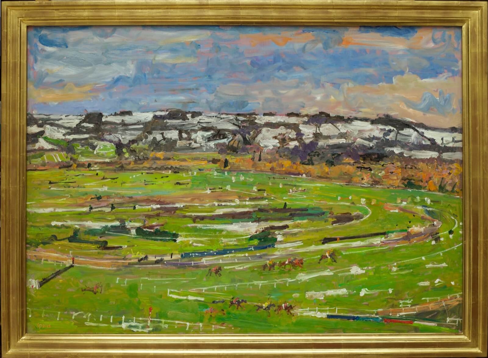 January snow, Cheltenham Racecourse. 2013. Oil on board 74 x 105 cm. Print available 45.5 x 65 cm