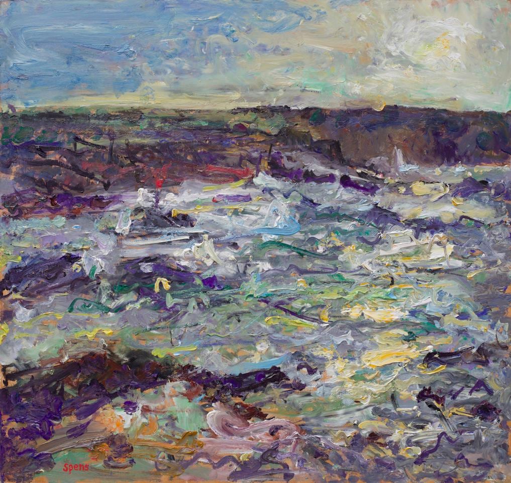Evening high tide, Trevone. 2018. Oil on board 57 x 60.5 cm