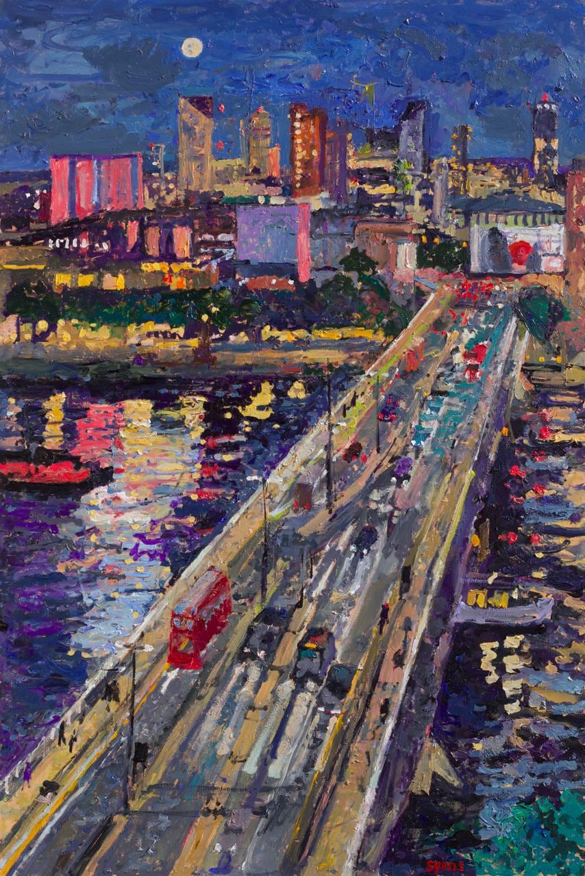 Night, Waterloo Bridge by Peter Spens. 2018. Oil on board