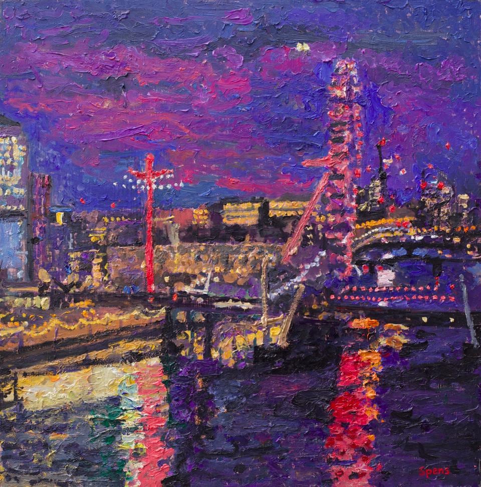 Night, the London Eye and Southbank. 2019. Oil on board 40 x 40 cm