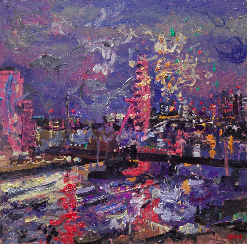 Southbank Fireworks, New Years Eve. Oil on board 40 x 40.5 cm