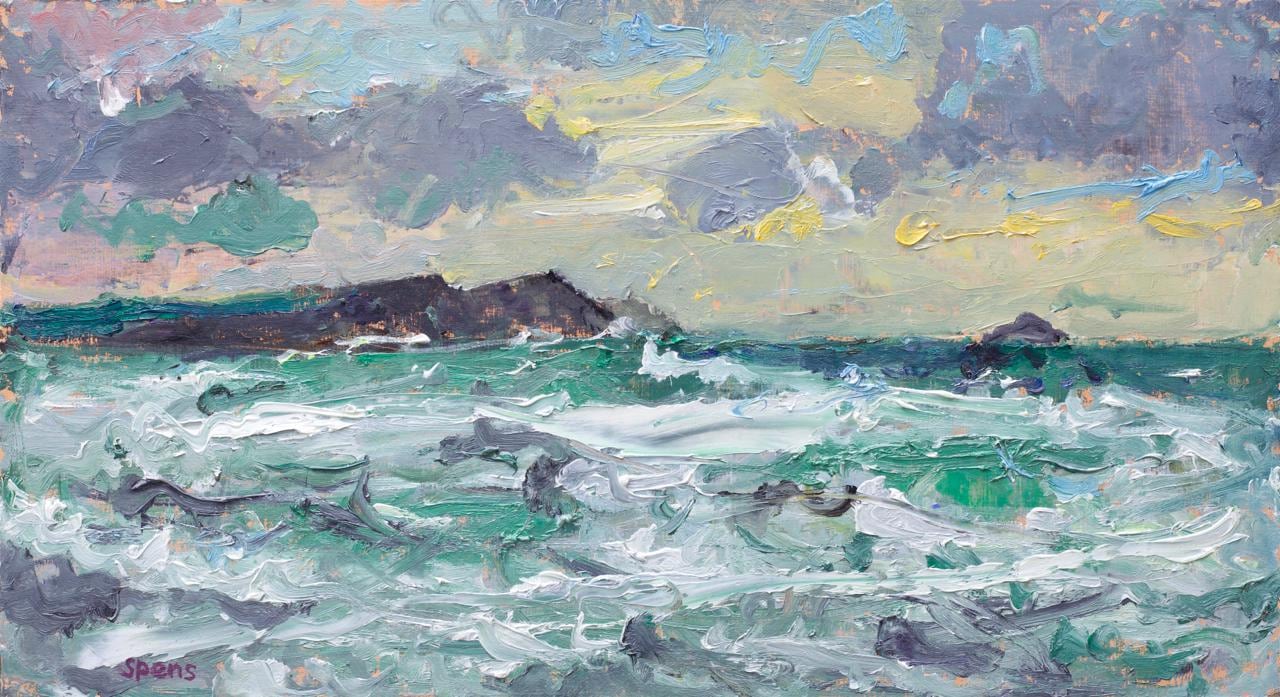 March storm Polzeath. 2023. Oil on board 22 x 40 cm
