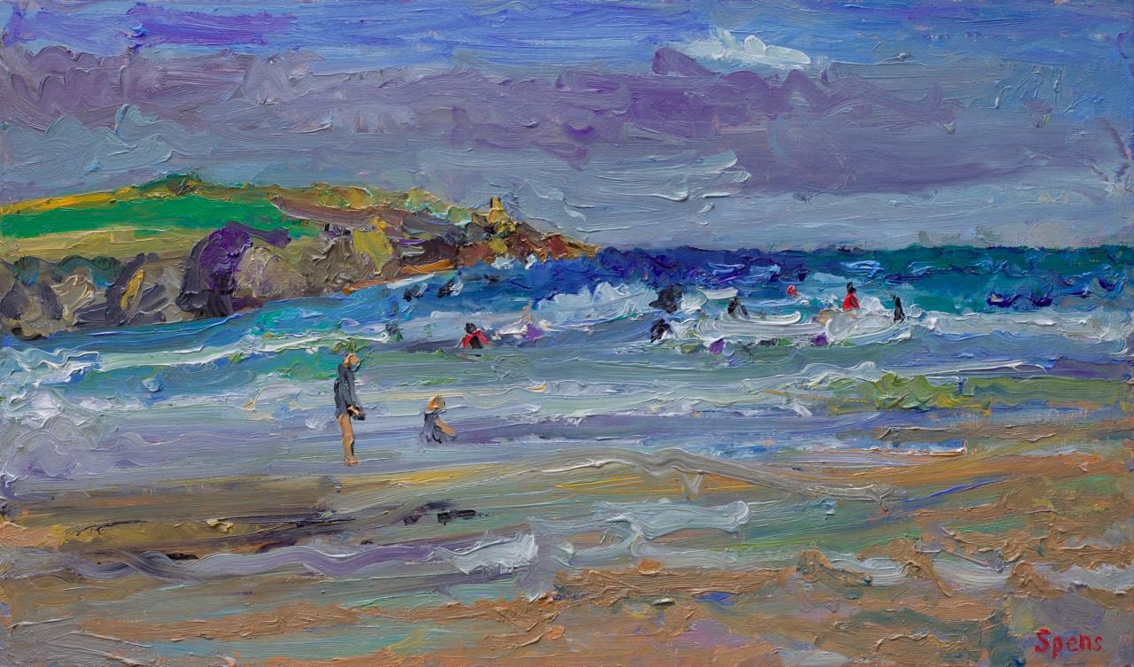 Bathers, Harlyn Bay. 2018. Oil on board 23 x 40 cm