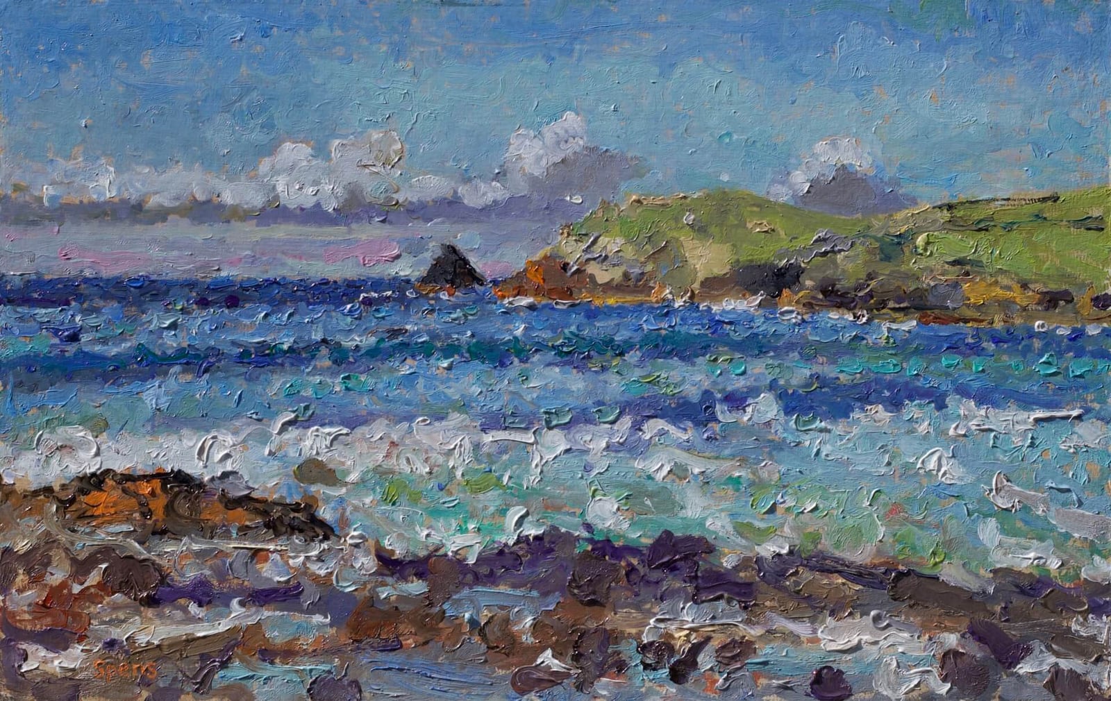Sunshine and clouds, Harlyn Bay. 2019. Oil on board 25.5 x 40.1 cm