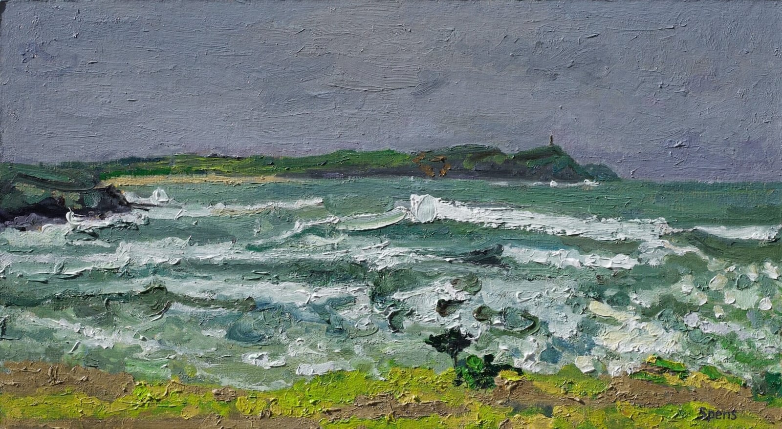 Grey sky, Polzeath. 2019. Oil on board 22 x 40.2 cm