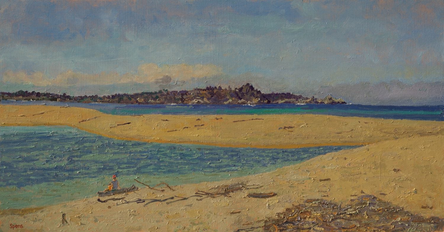 Where the river meets the sea, Carmel. 2023. Oil on board 39.5 x 75 cm