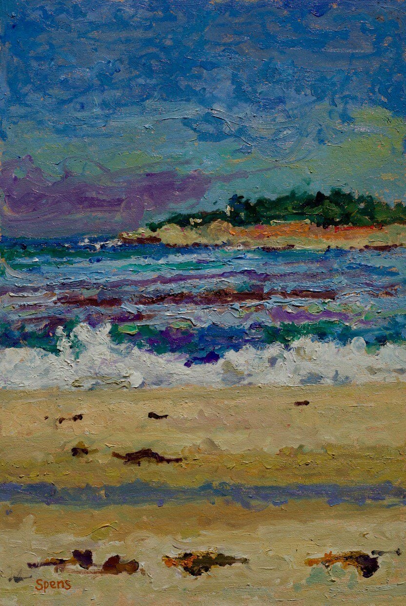 Pebble Beach, across Carmel Bay. 2024. Oil on board 40 x 27.5 cm