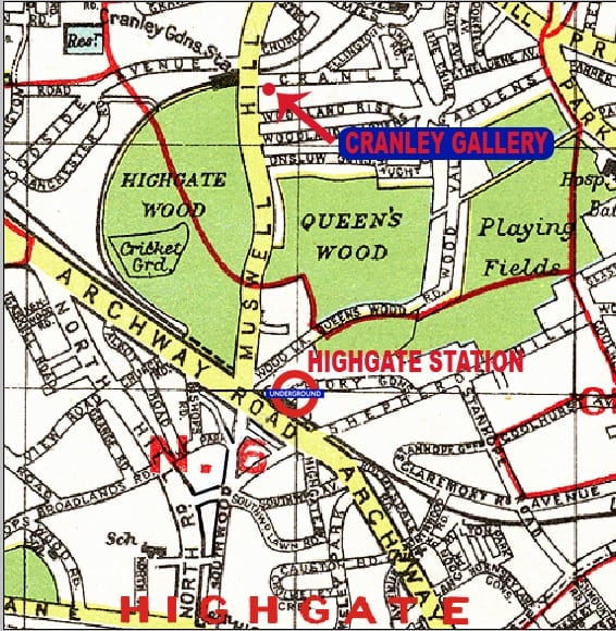 Illustrated map of Highgate showing The Cranley Gallery on Cranley Gardens, near Highgate station and Queen's Wood